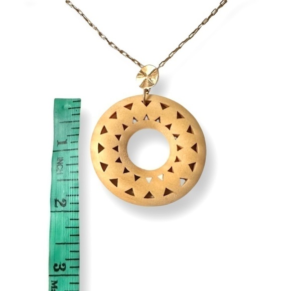 Round Laser Cut Wood Necklace Long Link Chain Gold Tone - Picture 7 of 9